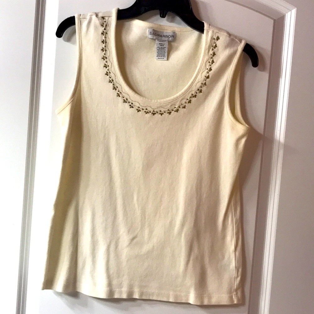 SagHarbor tank, beaded neckline with gold stitching, 💯 % cotton, size S